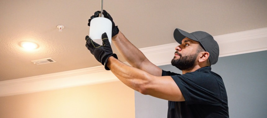 maintenance professional installing a light fixture